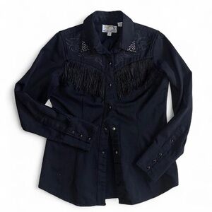 Panhandle Slim Black western button-up shirt with fringe details